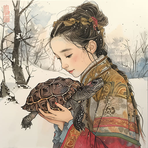 girl holding a tortoise, winter season, chinese culture